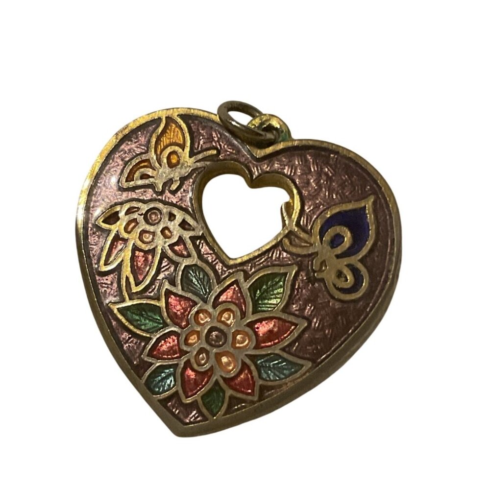 Heart-Shaped Cloisonné Pendant With Cutout Design & Floral Motif